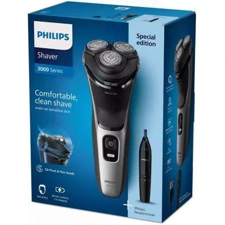 Philips S3143/02 Shaver Serie 3000 Wet & Dry con Cabezales Flexibles 5D y PowerCut, Plata brillante